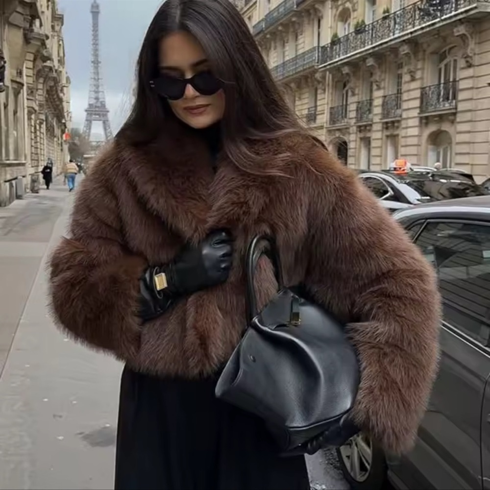 LAST 4❤️ Glam faux fur coat vintage style jacket cropped oversized black - Picture 10 of 13